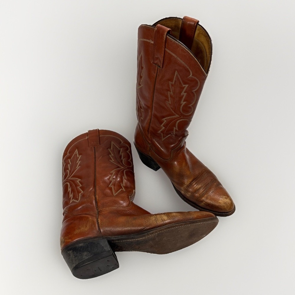 Justin Vintage Brown Leather Cowboy Boots Mens 11 B Western Stitch Biltrite Heel